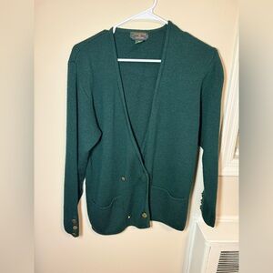 Vintage Charter Club Jane Justin Green 100% Wool Cardigan Gold Buttons Medium